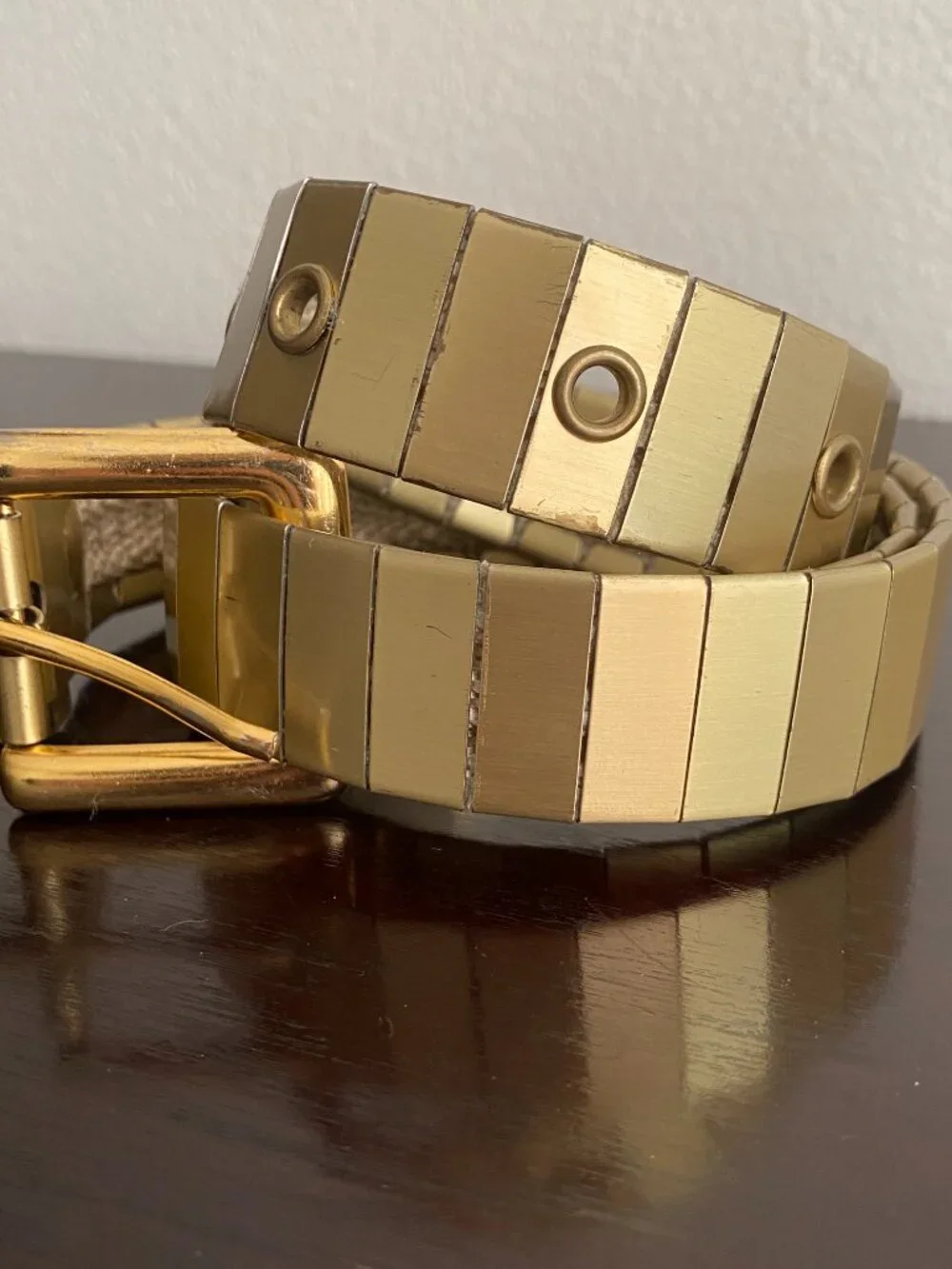 Vintage Gold Tone Metal Segmented Stretch Belt with Rectangle Buckle
